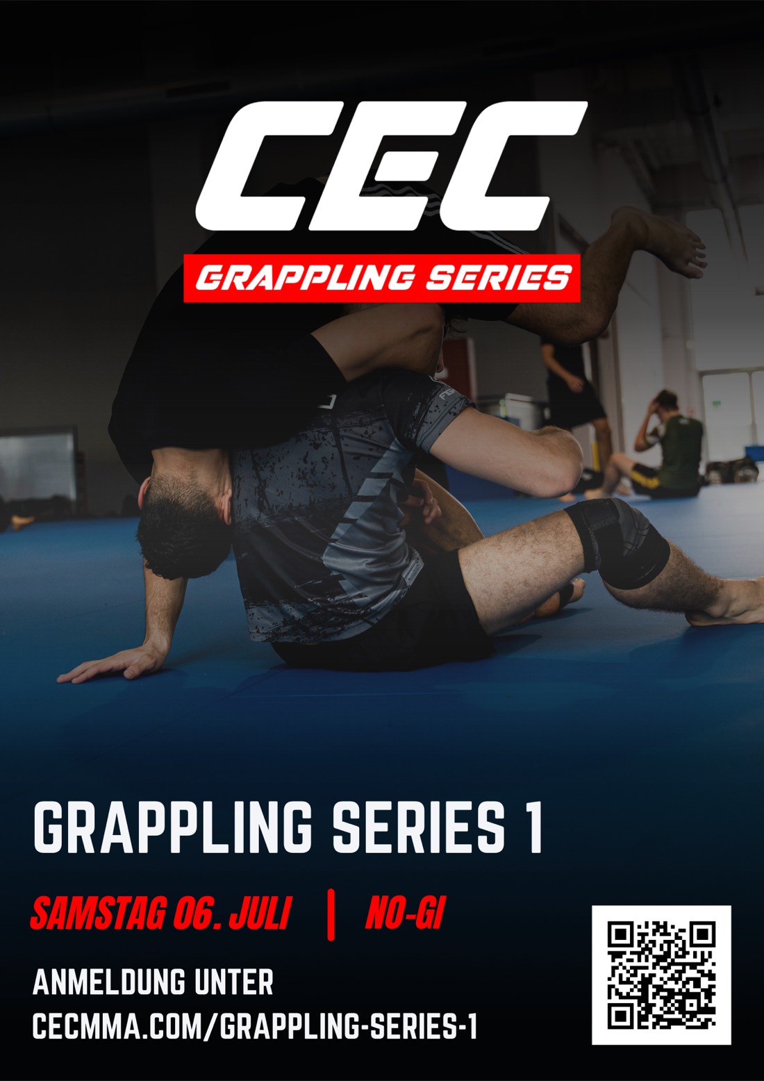 Event-Plakat Grappling Series 1 — CEC Grappling Series, Samstag 6. Juli, No-Gi, mit QR-Code zur Anmeldung
