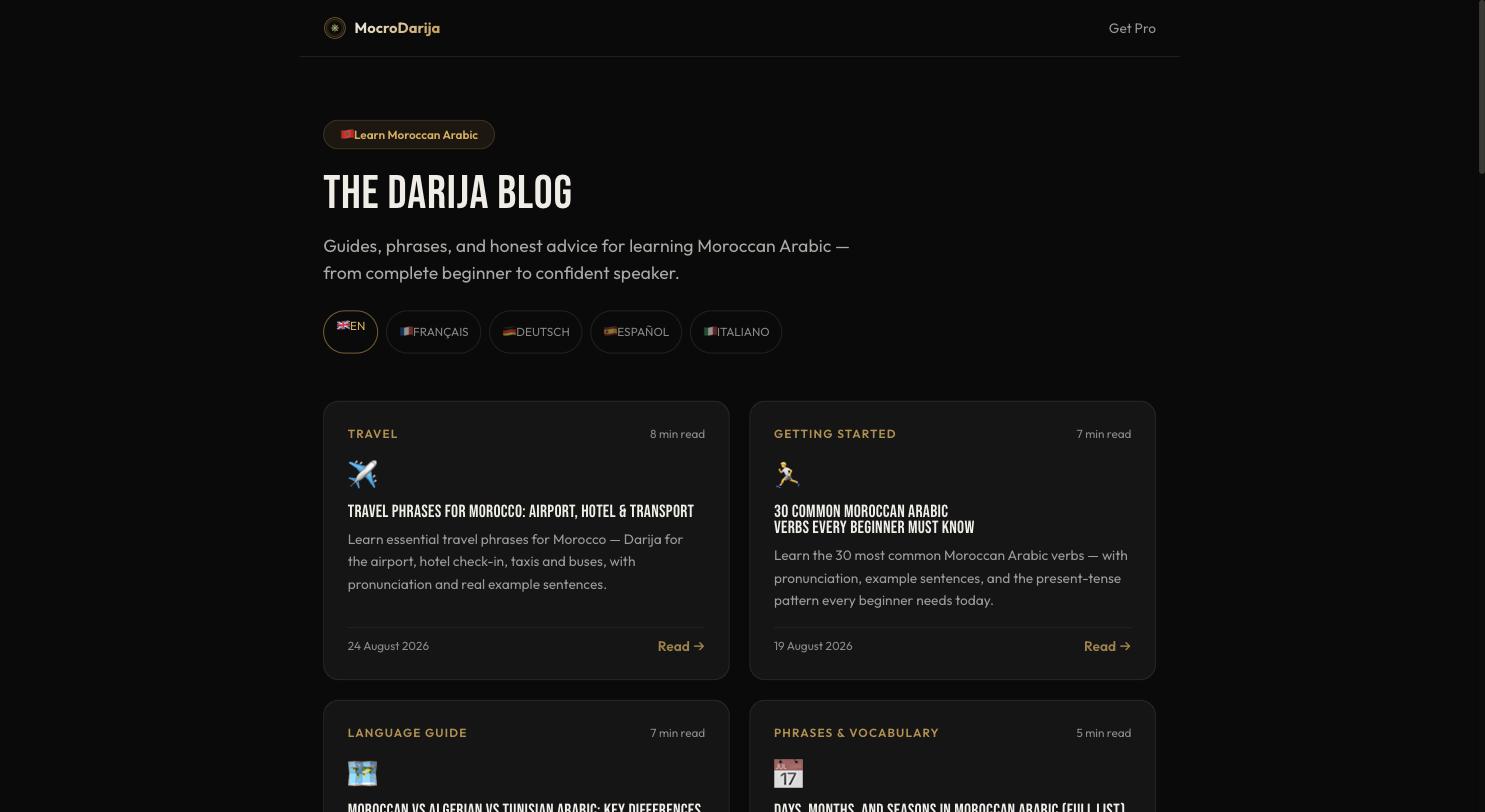 Der Darija-Blog mit Sprachumschalter über Englisch, Französisch, Deutsch, Spanisch und Italienisch