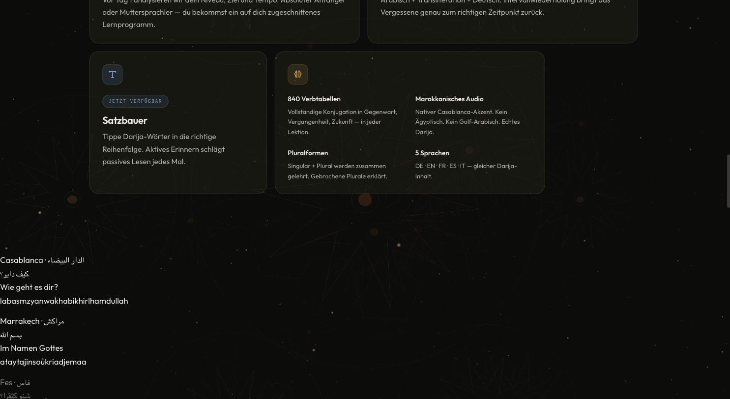 Funktionsübersicht, inklusive des Unterschieds zwischen marokkanischem Darija und Hocharabisch