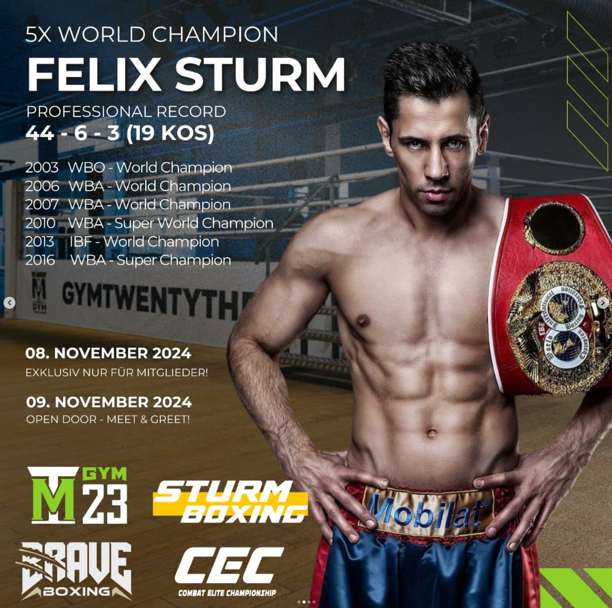 MT GYM23 Instagram-Post — Ankündigung des Events mit 5-fachem Weltmeister Felix Sturm