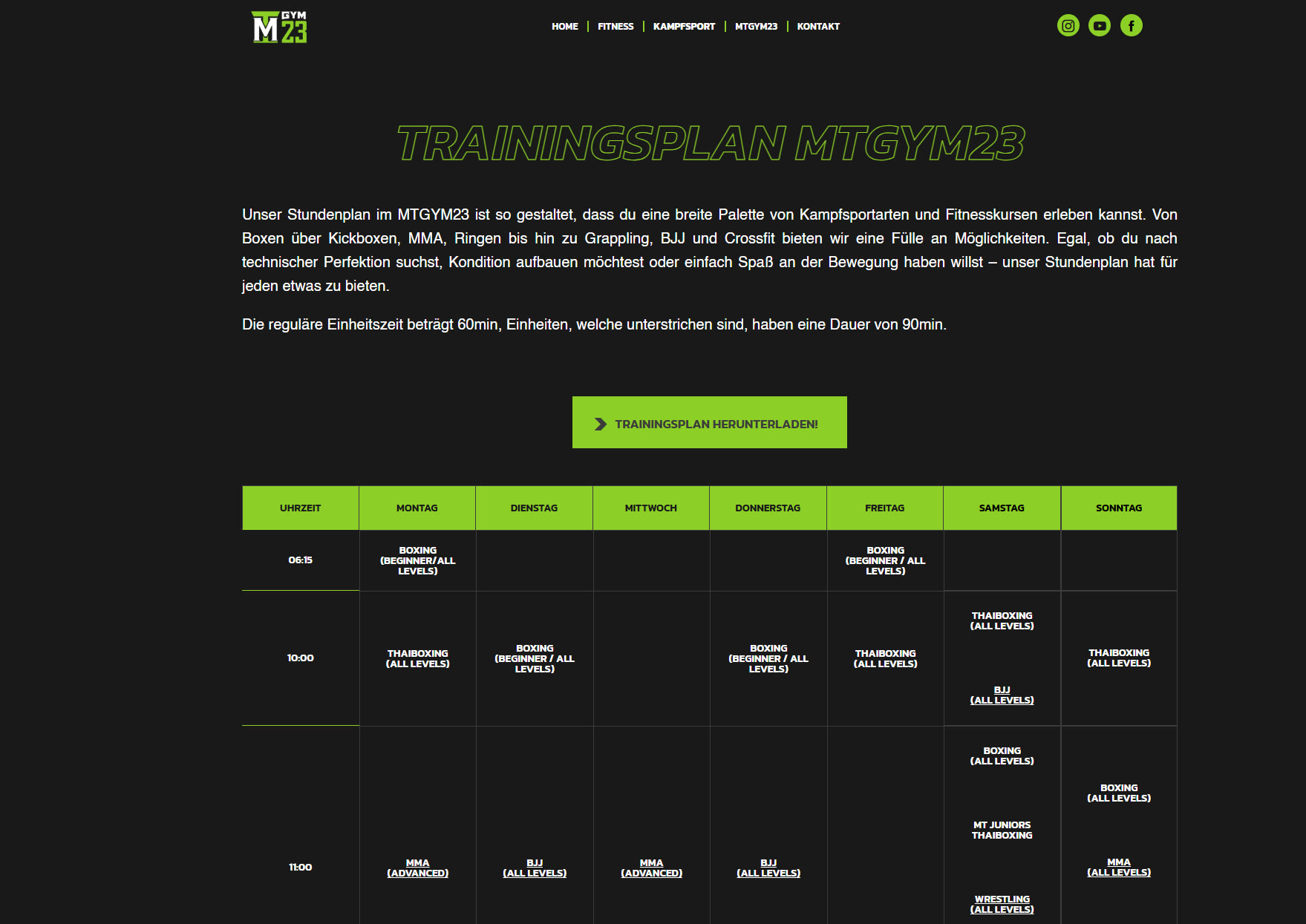 MT GYM23 Website — wöchentlicher Stundenplan über alle Disziplinen