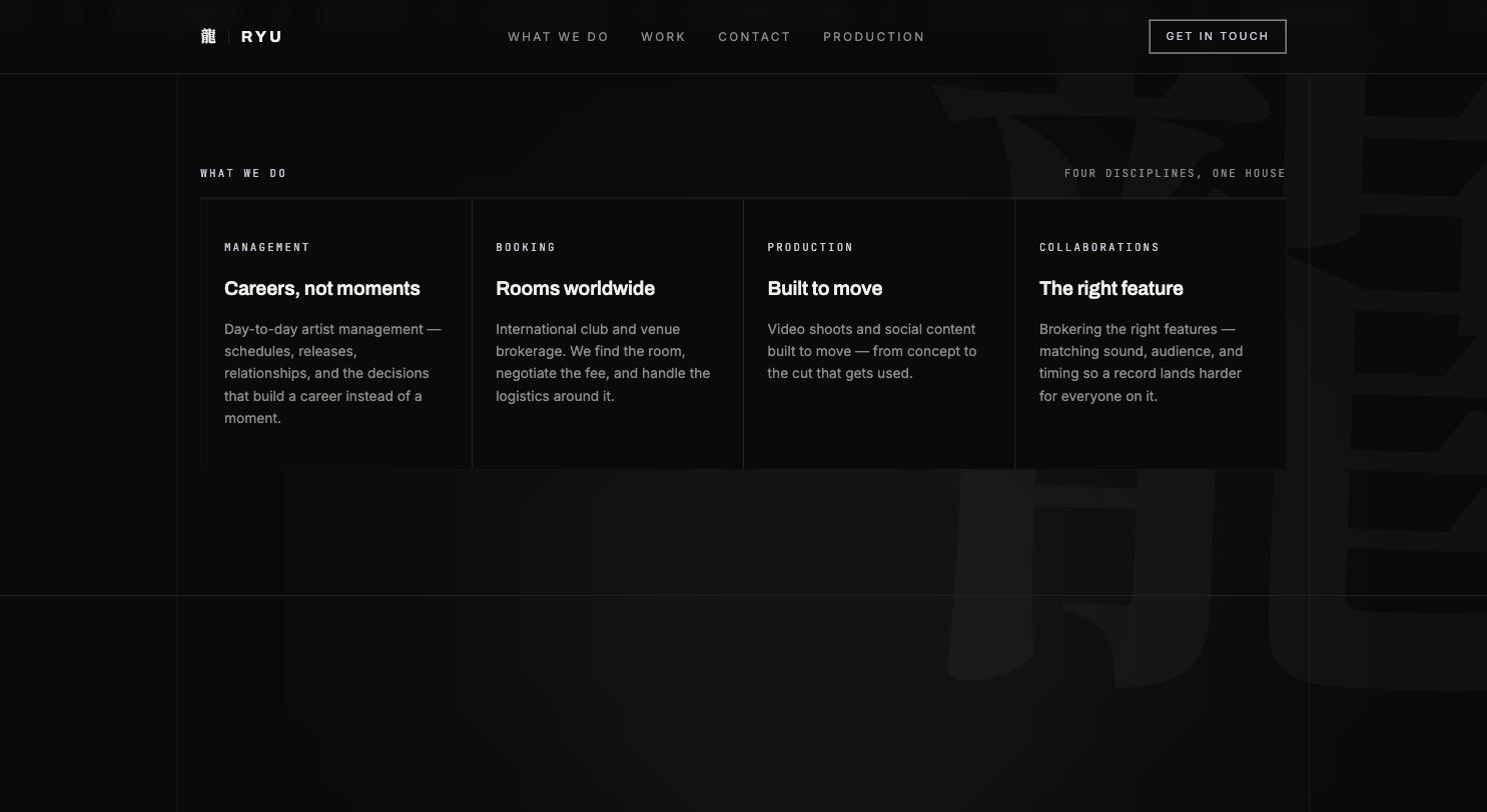 ryuofficial.com — die vier Bereiche Management, Booking, Produktion und Collaborations