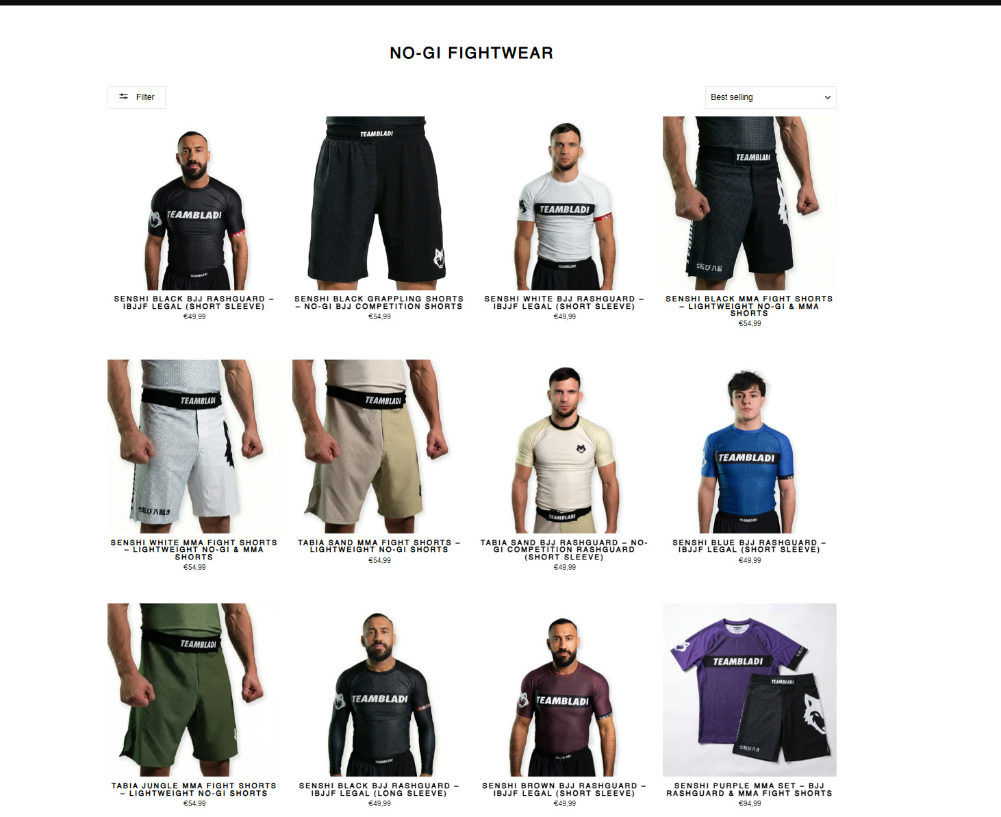 TEAMBLADI Website — No-Gi-Fightwear-Kollektionsübersicht, Rashguards und Shorts