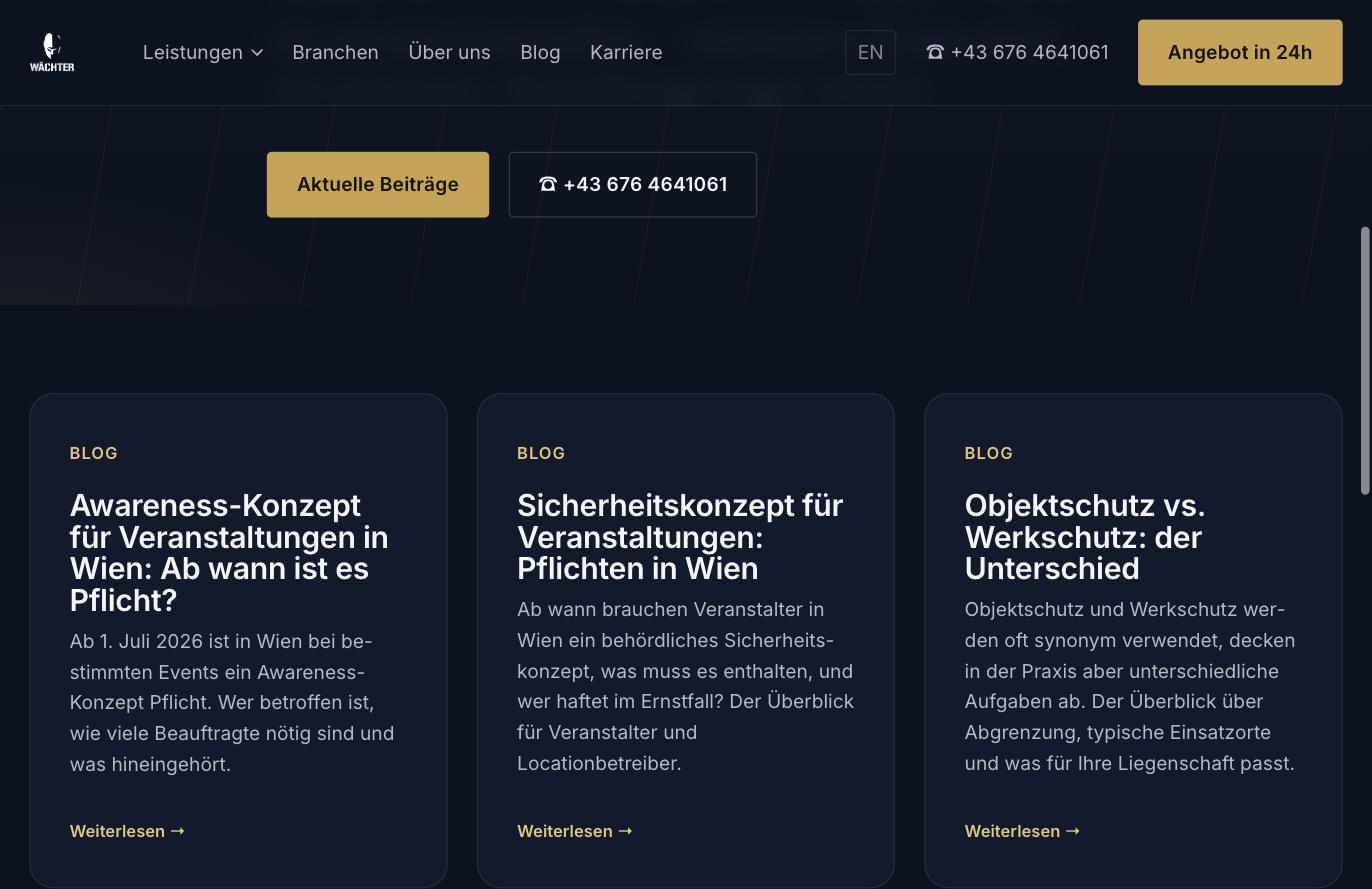 Blogübersicht auf waechtergroup.at mit Beiträgen zu Sicherheitskonzept und Objektschutz in Wien