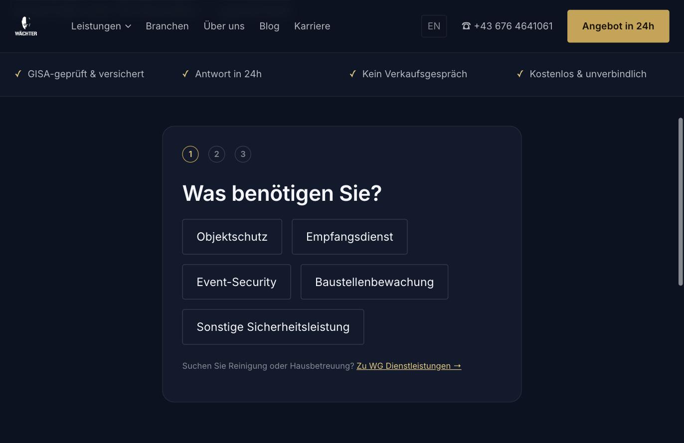 Angebotsassistent Schritt 1 — Auswahl der Sicherheitsleistung, mit Verweis zu WG Dienstleistungen