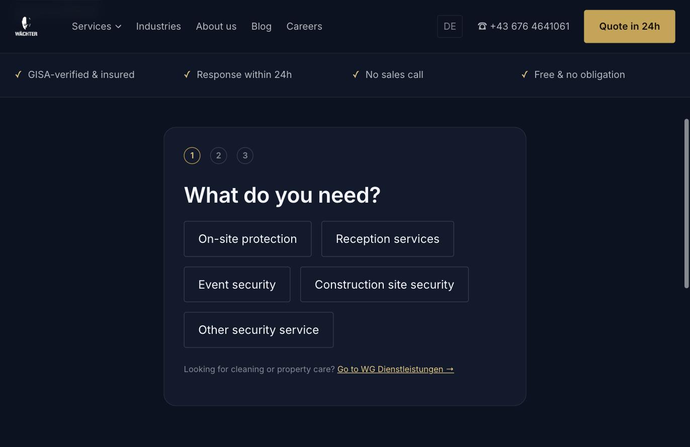 Quote wizard step 1 — choosing the security service, with a link across to WG Dienstleistungen