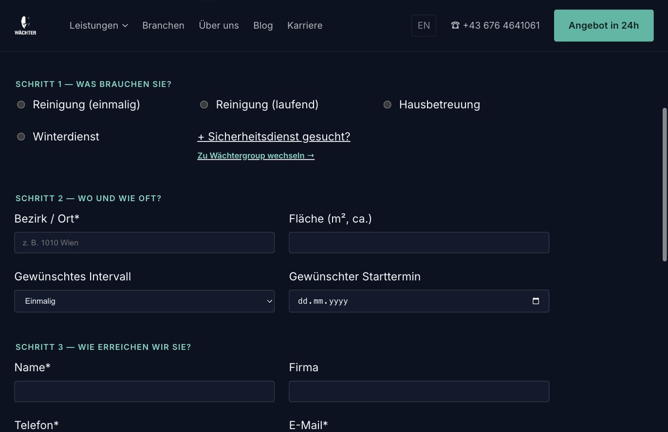Angebotsassistent auf wg-dienstleistungen.at — Auswahl der Reinigungs- oder Betreuungsleistung