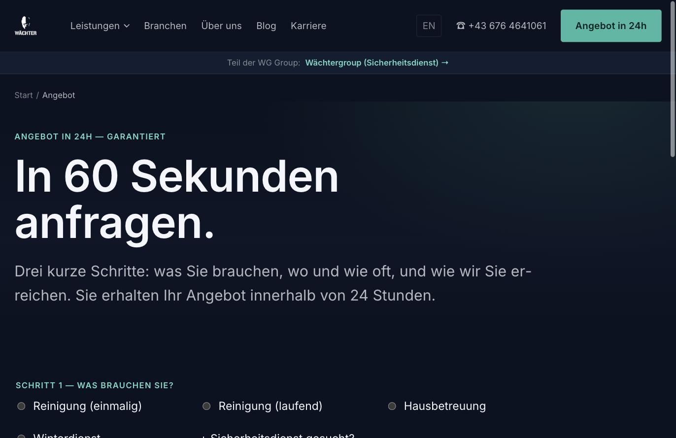 Angebotsformular auf wg-dienstleistungen.at