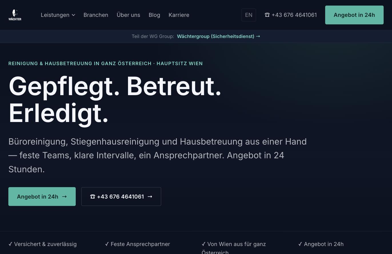 wg-dienstleistungen.at Startseite auf Deutsch — grüner Akzent und Hinweisband zur Wächtergroup
