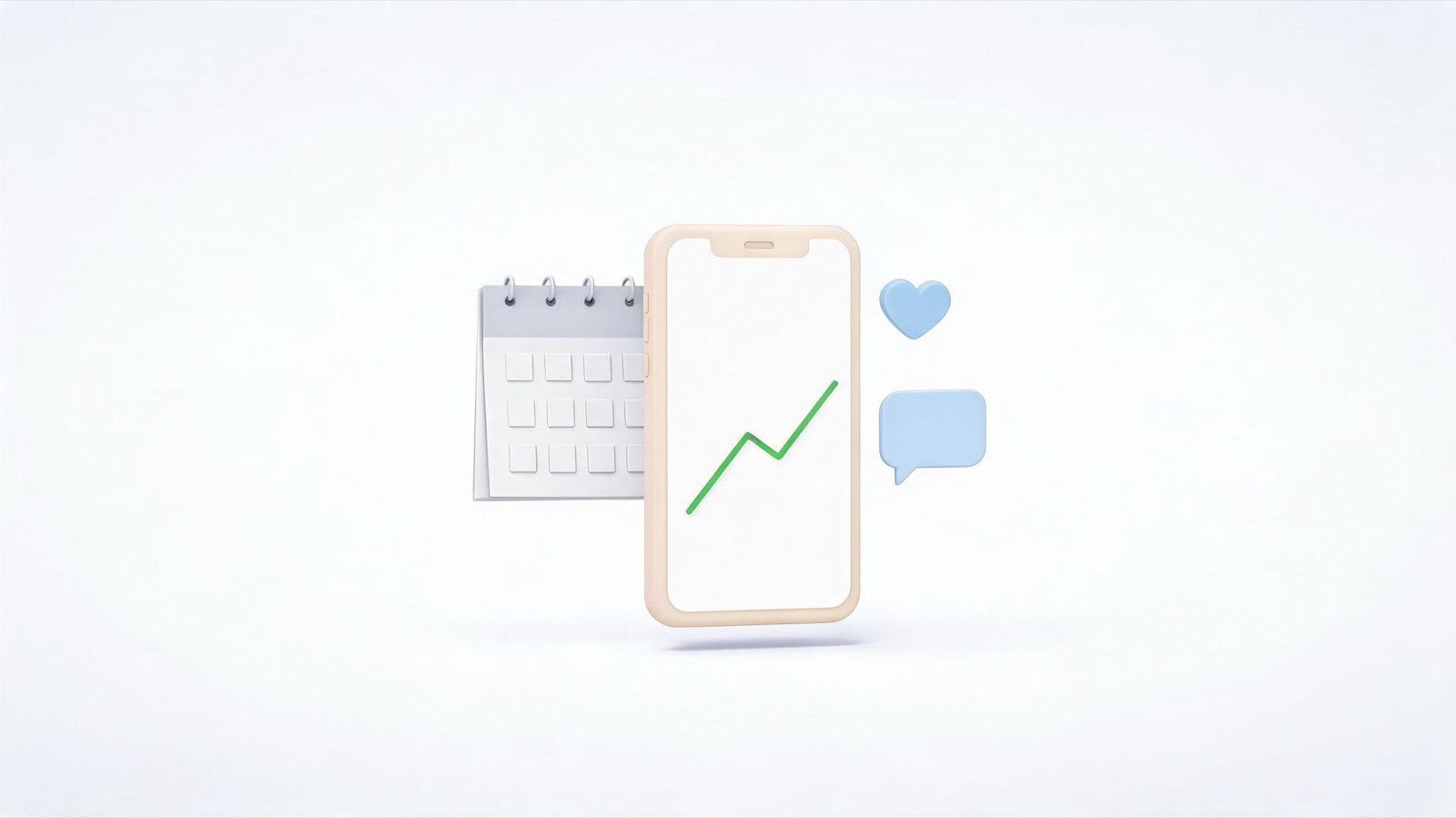 Ein Smartphone mit steigender Verlaufskurve neben einem Kalenderblatt — laufende Social-Media-Betreuung